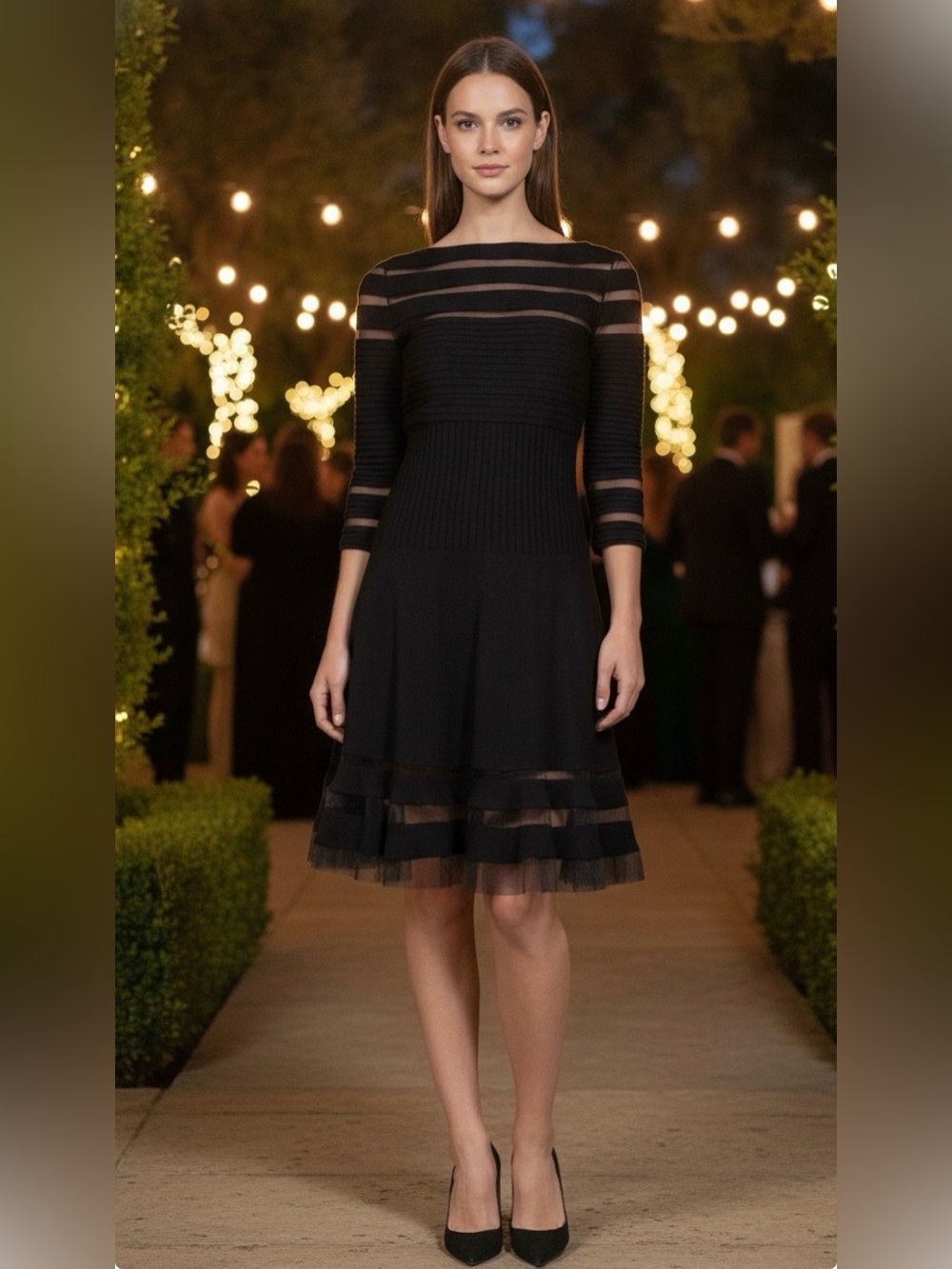 Tadashi Shoji Black Illusion Mesh Striped Dress large